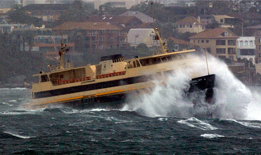 Sydney Harbour Ferry Queenscliff crosses The Heads on stormy day